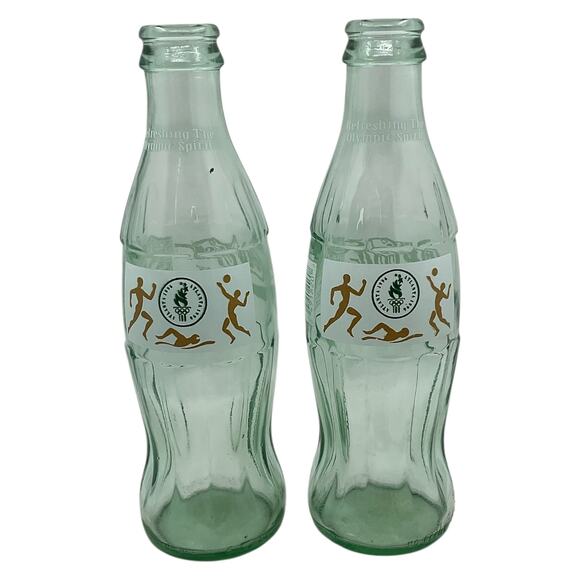 Pair of Coca Cola Atlanta 1996 Olympic Glass Bottles 8 oz Empty Vintage - Picture 1 of 10